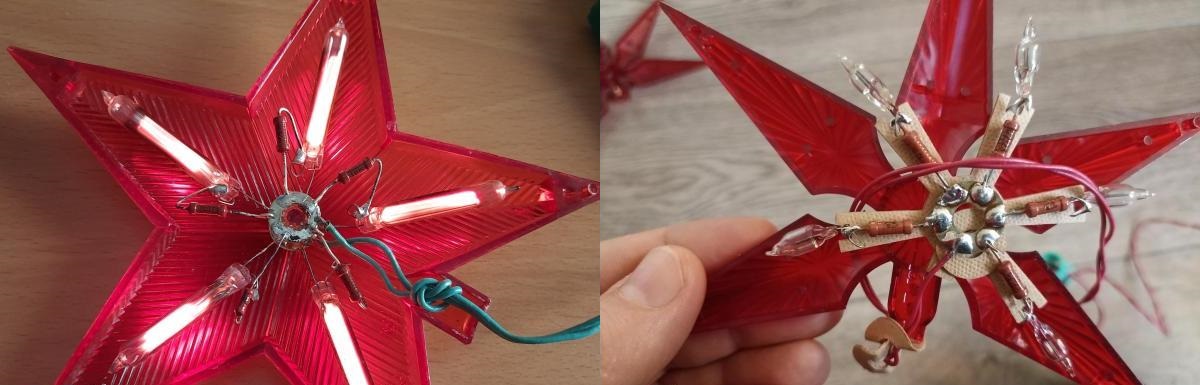 Фото 1.15. Ёлочное украшение-верхушечка, с подсветкой на неоновых лампах. Вариант слева с длинными лампами ИН-3Б-1, включёнными параллельно через индивидуальные МЛТ-0.5 22 кОм, справа — с лампочками ИН-35 с двумя резисторами по 24 кОм. Обе изготавливал «Газотрон», примерно в 1980-х